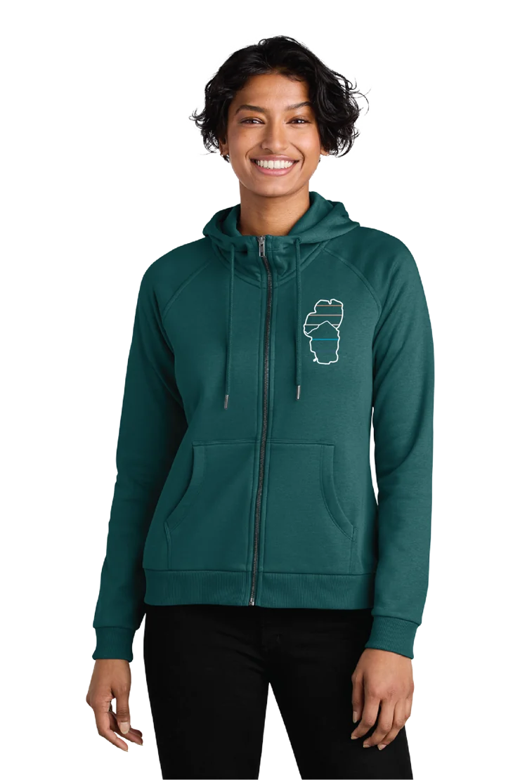 Sea green zip hoodie on a model